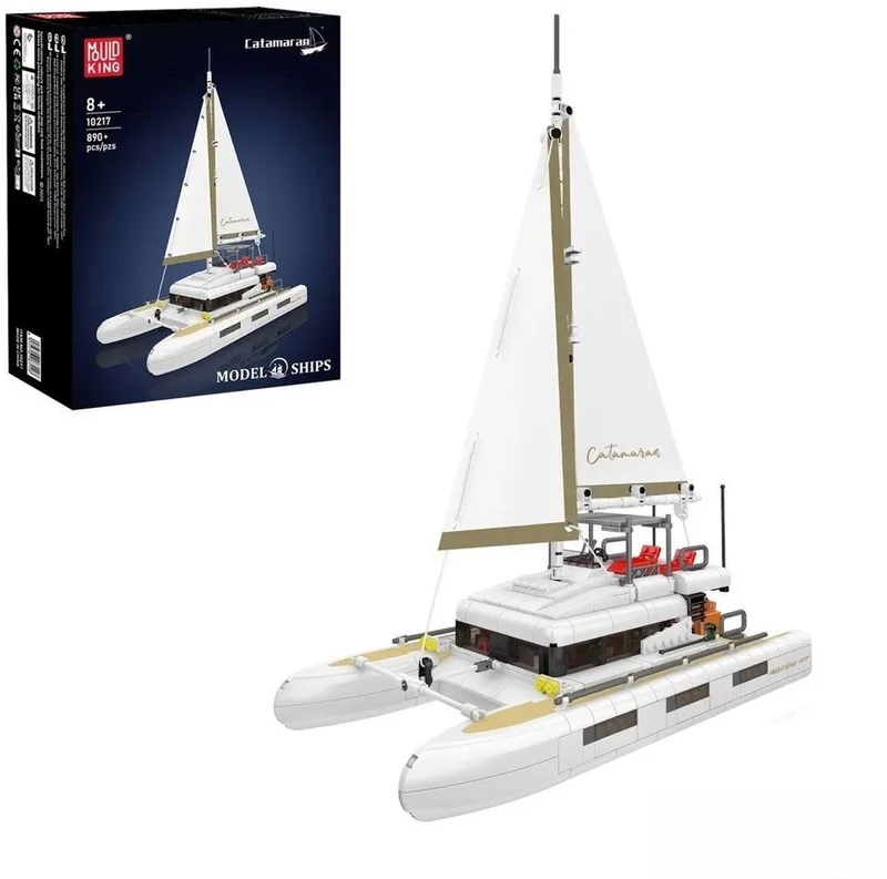 Mould King 10217 Icons Catamaran Zeil boot bouwset | Classic creator zeilboot | Technic ideas schip modelbouw | Technische STEM educatief speelgoed bouwpakket voor volwassenen & kinderen | Zeilen niet geschikt voor Lego | Bouwdoos met 890 bouwstenen van Mould King in Boten: Catamaran zeilboot, 890 bouwblokken – productfoto