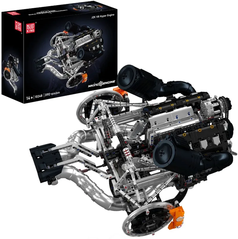 Mould King 10248 - Supercar V8-motor - JZK V8 Hyper Engine van Mould King in Zilver – productfoto