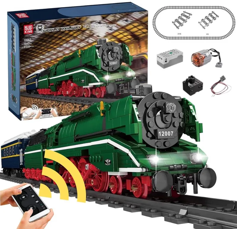 Mould King 12007 German Express BR18 retro trein bouwset | Locomotief miniatuur modelbouw | Technische creator educatief speelgoed ideas bouwpakketten voor expert volwassenen & kinderen | Niet geschikt voor Lego rails | Bouwdoos met 2412 bouwstenen van Mould King in City – locomotief German Express, 2412 bouwblokken – productfoto