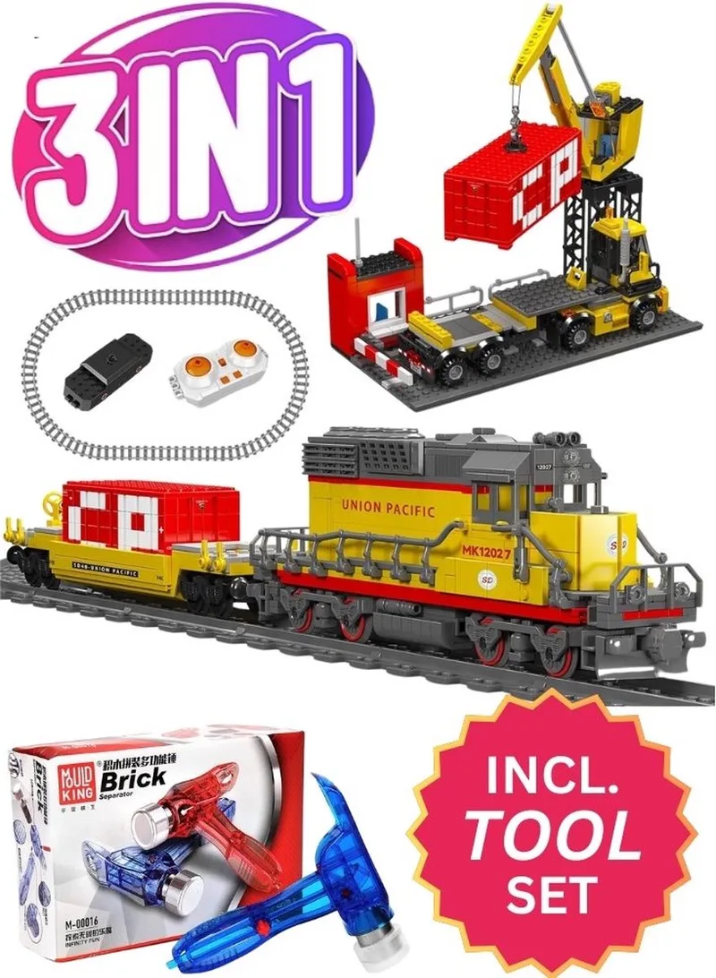 Mould King 12027 Vrachttrein met station bouwset inclusief tools | Electrische trein met treinrails modelbouw | Technische educatief speelgoed bouwpakketten voor volwassenen & kinderen | Bouwdoos met 1170 bouwstenen van Mould King in City : Radiografisch bestuurbare auto – Vrachttrein, 1170 bouwblokken – productfoto