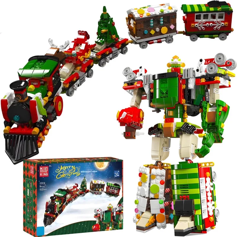 Mould King - 12028 2in1 Technic Transformers Trein bouwset | Classic Christmas Icons Robot Action Figure | Geschikt voor Lego | Kerstboom Creator Modelbouw | Kerst decoratie geschenkset voor volwassenen & kinderen | Bouwdoos met 1522 bouwstenen by Mould King in Kerst: Transformer kerst trein, 1522 bouwblokken – product photo