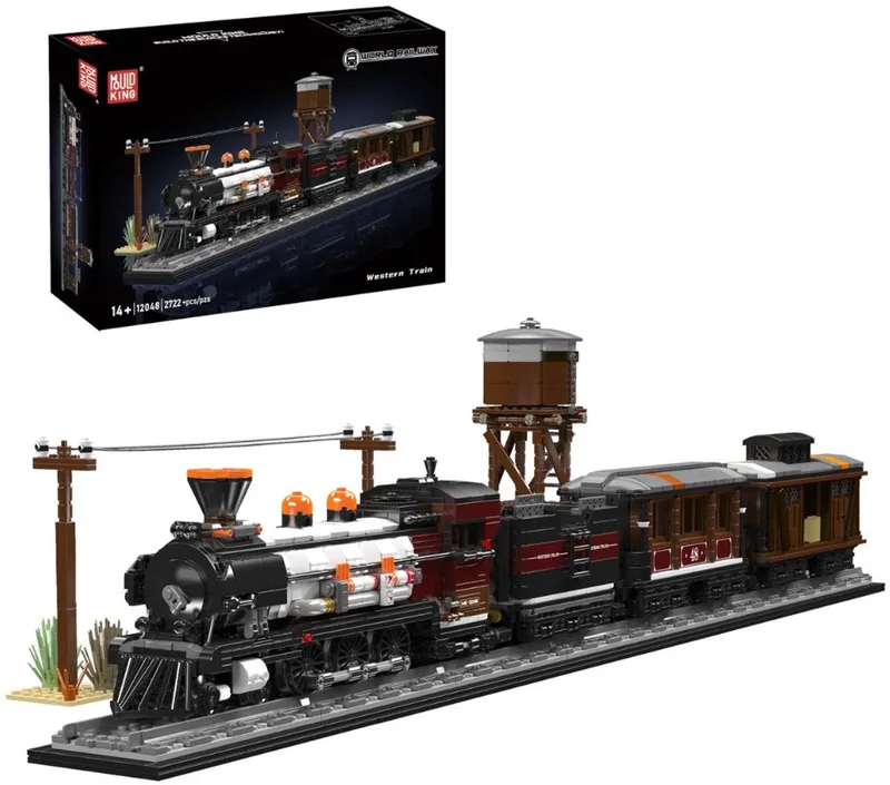Mould King 12048 Western Steam trein retro classic bouwset | Locomotief miniatuur modelbouw | Technische educatief creator speelgoed ideas bouwpakketten voor expert volwassenen & kinderen | Niet geschikt voor Lego rails | Bouwdoos met 2722 bouwstenen van Mould King in City – locomotief Western Steam, 2722 bouwblokken – productfoto