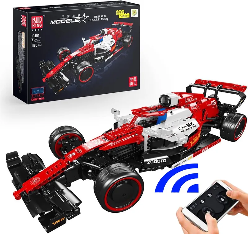 Mould King 13151 Formule 1 RC Racer bouwset incl. accessoires | F1 Racing modelbouw | Radiografisch & App bestuurbare auto | Technisch educatief constructie speelgoed voor kinderen & volwassenen | Remote niet geschikt voor lego | 1185 bouwstenen van Mould King in Racing : Ferrari F1 racewagen, 1185 bouwblokken – productfoto