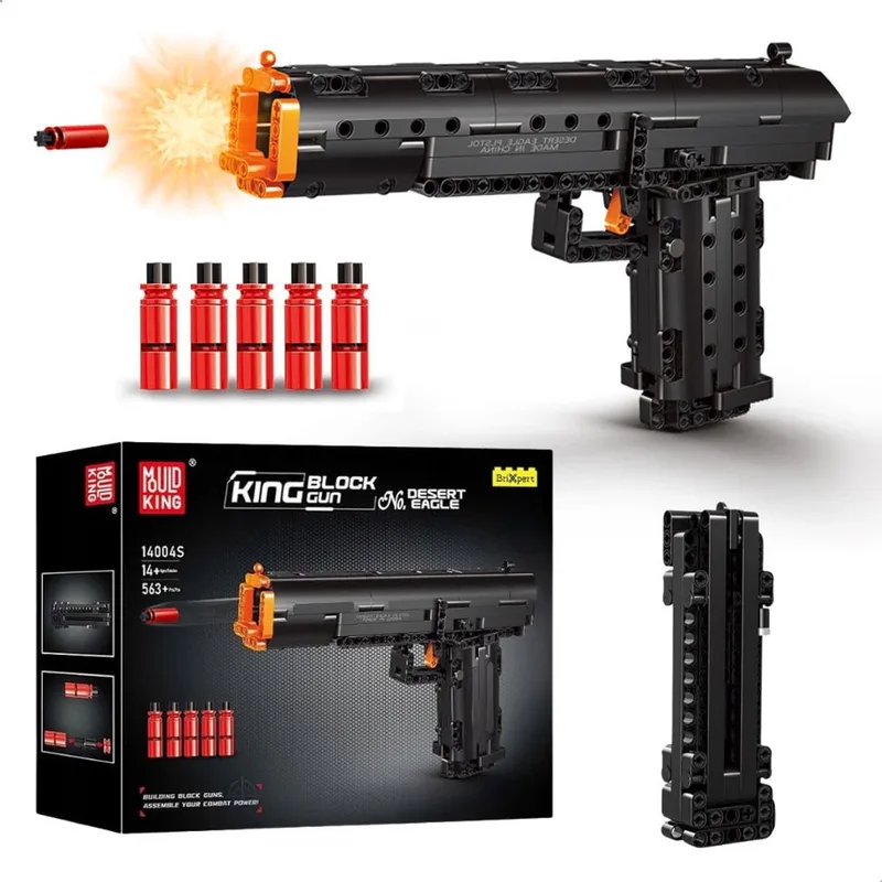 Mould King - 14004S Desert Eagle Handwapen bouwset | WW2 Army 1:1 constructie modelbouw | Educatief militair & leger speelgoed bouwpakketten voor kinderen & volwassenen | Incl. projectielen | 563 bouwstenen by Mould King in Pistool – Desert Eagle, 512 bouwblokken – product photo