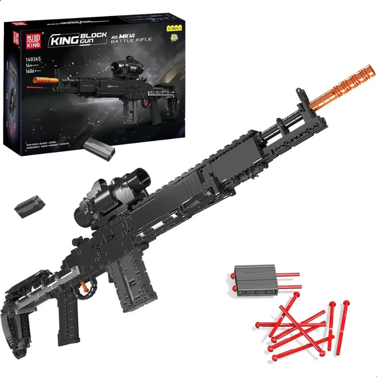 Mould King 14026 MK14 Sniper Rifle bouwset | DIY WW2 army pistool geweer modelbouw | Creator classic motor guns bouwpakket | Technische Educatief militair & leger speelgoed voor volwassenen | Bouwdoos met 1656 bouwstenen van Mould King in Pistool – Sniper Rifle, 1656 bouwblokken – productfoto