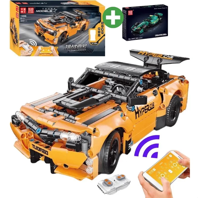 Mould King 15006 + 10157 Challenger RC + Formule 1 auto bouwset | Speed champions modelbouw | | Radiografisch bestuurbare auto | Classic creator bouwpakketten | Technische ideas speelgoed voor kinderen & volwassen Bouwdoos met 853 bouwstenen by Mould King in Racing : Challenger RC + F1 auto, 853 bouwblokken – product photo