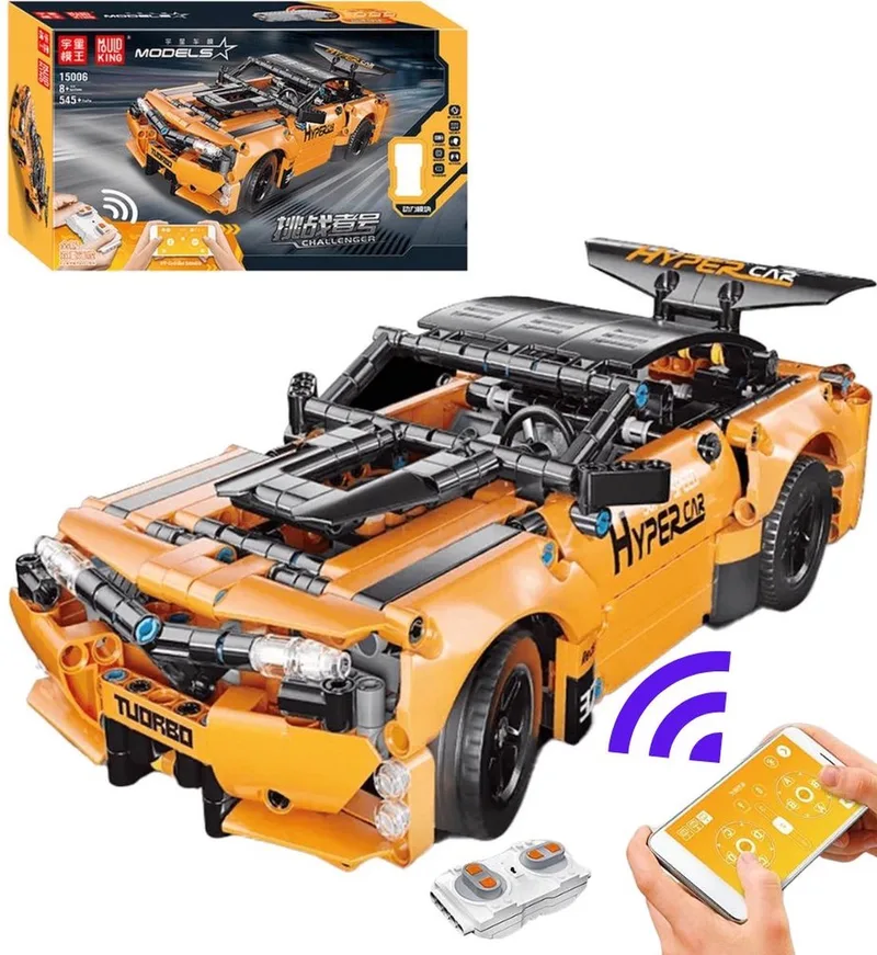 Mould King 15006 Furious Dodge Challenger RC bouwset | Hot racing champion adventure | Technische speelgoed bouwpakketten voor volwassenen & kinderen | Auto met speed fast drifting wheels | remote niet geschikt voor Lego | Bouwdoos met 617 bouwstenen van Mould King in Racing : Radiografisch bestuurbare auto – Challenger oranje, 545 bouwblokken – productfoto