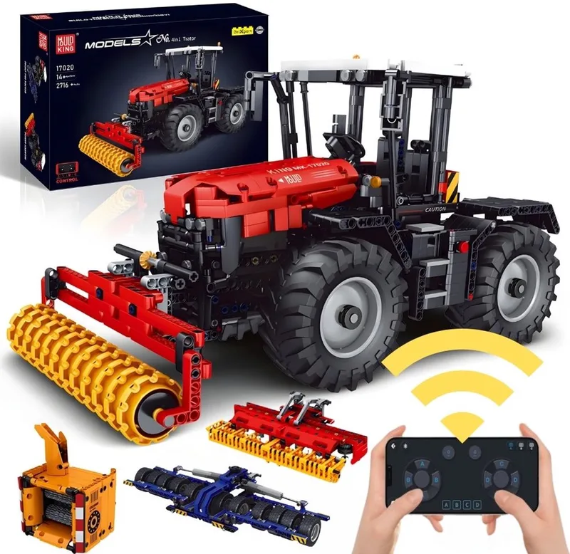 Mould king - 17020 3 in 1 Tractor RC auto bouwset | Classic boerderij constructie modelbouw | Hollandse cadeautjes | Technische creator speelgoed ideas voor volwassenen & kinderen | Accu niet geschikt voor Lego technic | Bouwdoos met 2716 bouwstenen van Mould King in City: 4 in 1 Tractor Radiografisch bestuurbare auto, 2715 bouwblokken – productfoto