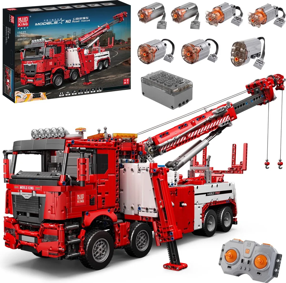 Mould King- 17027 MEGA Radiografische Bergingstruck Vrachtwagen Bouwpakket | Sleep Truck | MAN | Technisch Creator | Technic Compatible | in Originele Doos is compatibel met het bekende merk. van Mould King in Constructie : Bergingstruck Rood, 4883 bouwblokken – productfoto