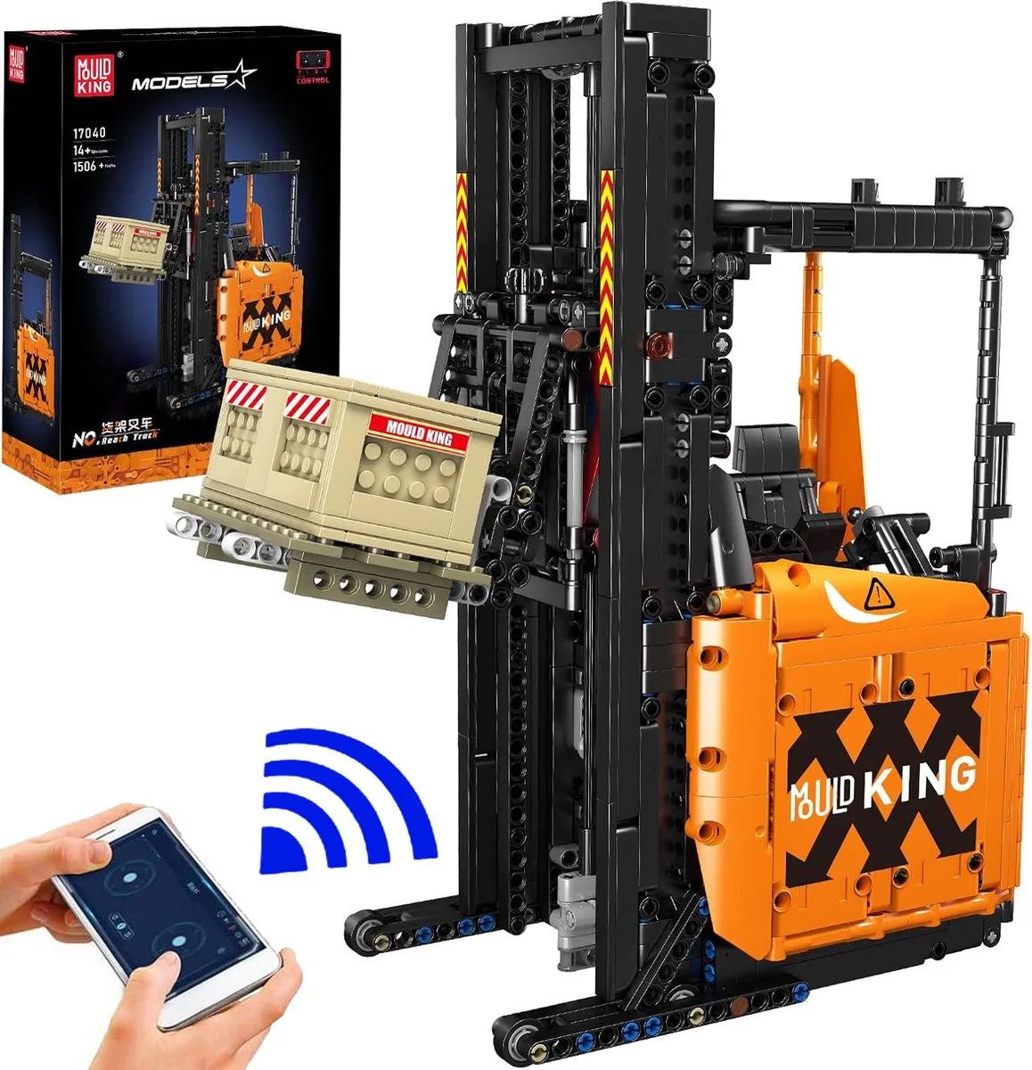 Mould King 17040 Technic hef truck oranje rc auto bouwset | City speed champions adventure modelbouw | Creator classic motor bouwpakket geschikt voor lego | Technische speelgoed ideas voor expert volwassenen & kinderen | Bouwdoos 1506 bouwstenen by Mould King in Constructie : Radiografisch bestuurbare auto – Heftruck forklift STEM, 1506 bouwblokken – product photo