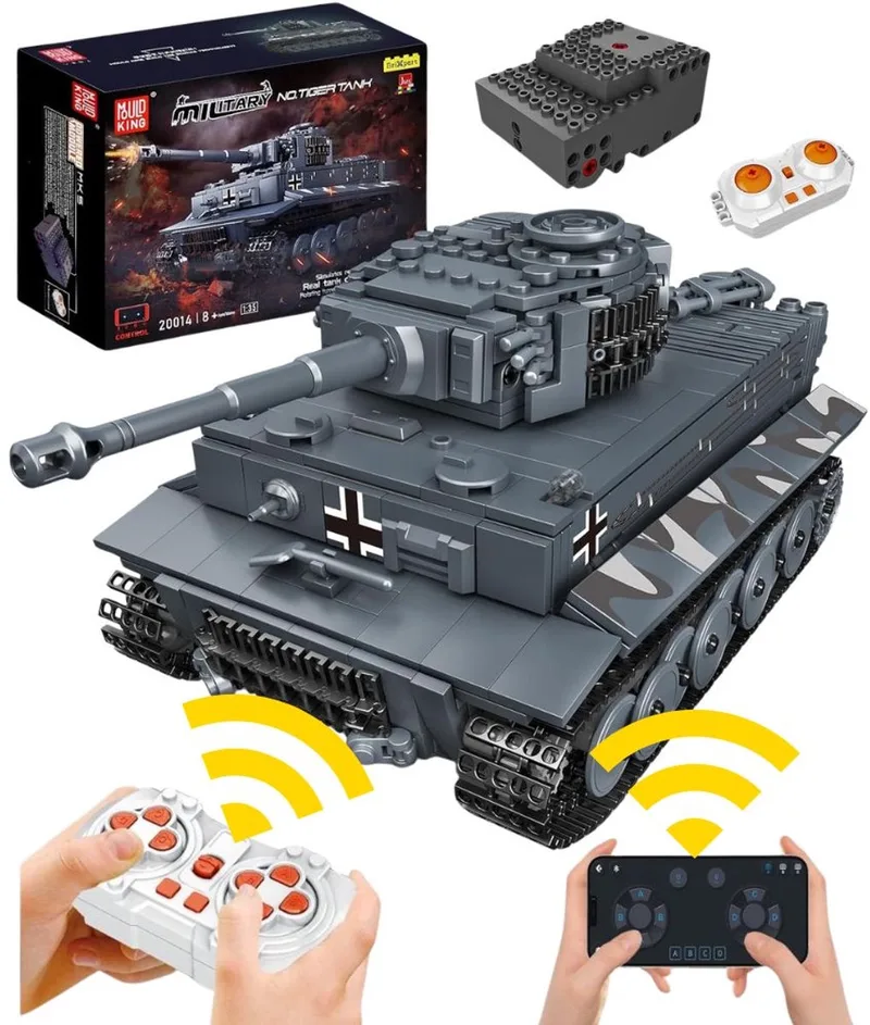 Mould King 20014 Tiger RC Tank bouwset | WW2 Army auto constructie modelbouw | Educatief militair & leger speelgoed bouwpakketten voor kinderen & volwassenen | Incl Radiografisch bestuurbare remote | Bouwdoos met 850 bouwstenen by Mould King in Army : Radiografisch bestuurbare auto – Tijger Tank, 850 bouwblokken – product photo