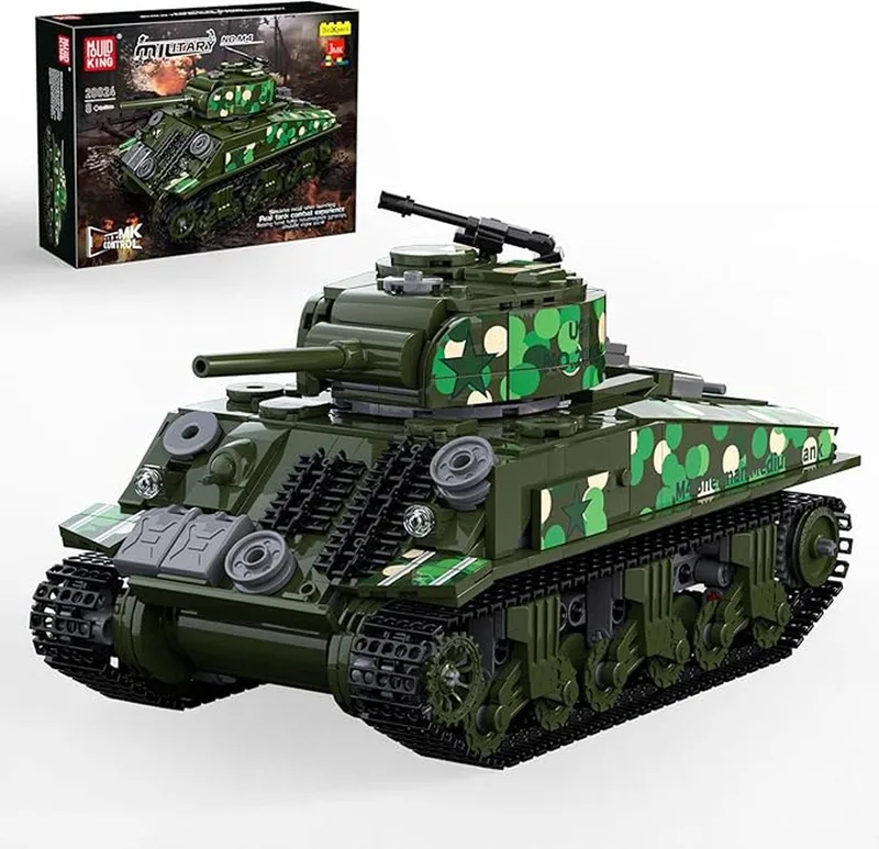 Mould King 20024 Sherman Tank M4 bouwset | WW2 Army auto constructie modelbouw | Radiografisch bestuurbare auto | Educatief militair & leger speelgoed bouwpakketten voor kinderen & volwassenen | 961 bouwstenen by Mould King in Army : Radiografisch bestuurbare auto – Sherman Tank, 961 bouwblokken – product photo
