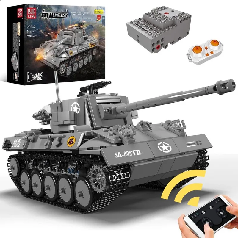 Mould King 20032 Hellcat RC Tank bouwset | WW2 Army auto constructie modelbouw | Educatief militair & leger speelgoed bouwpakketten voor kinderen & volwassenen | Incl Radiografisch bestuurbare remote | Geschikt voor Lego | Bouwdoos met 971 bouwstenen by Mould King in Army : Radiografisch bestuurbare auto – M16 Hellcat Tank, 971 bouwblokken – product photo