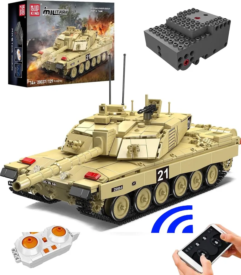 Mould King 20037 Challenger RC Tank bouwset | WW2 Army auto constructie modelbouw | Educatief militair & leger speelgoed bouwpakketten voor kinderen & volwassenen | Incl Radiografisch bestuurbare remote | Bouwdoos met 1129 bouwstenen by Mould King in Army : Radiografisch bestuurbare auto – Challenger 2 Tank, 1129 bouwblokken – product photo