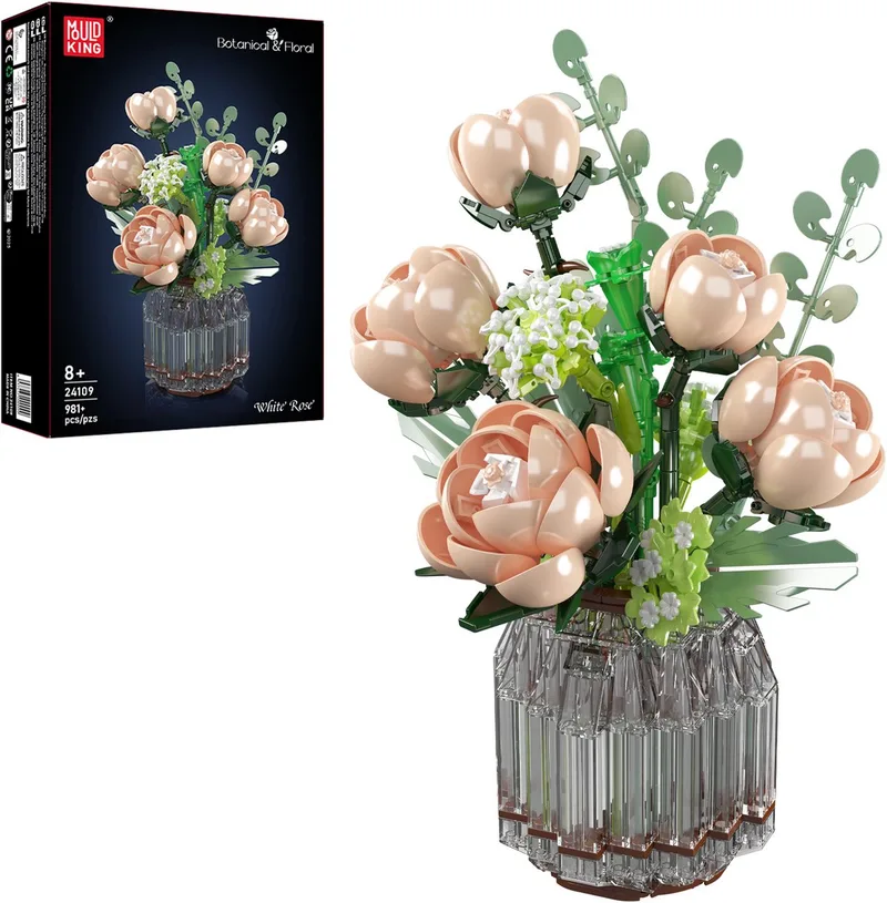 Mould King 24109 - Witte Rozen Boeket - Bouwset - 981 Stukken by Mould King in Rozen in vaas – product photo