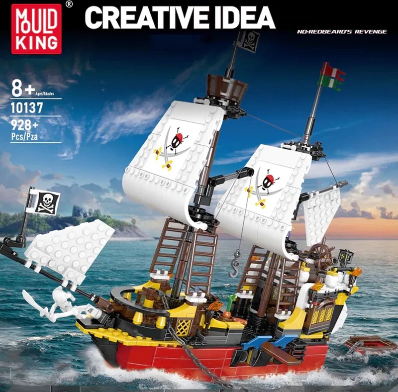 Mouldking 10137 - Pirateschip - Rood Baard Revenge - Bouwset - Boot - 928 onderdelen - Past op alle bekende merken - bouwpakket de Mould King en Bruin – photo du produit