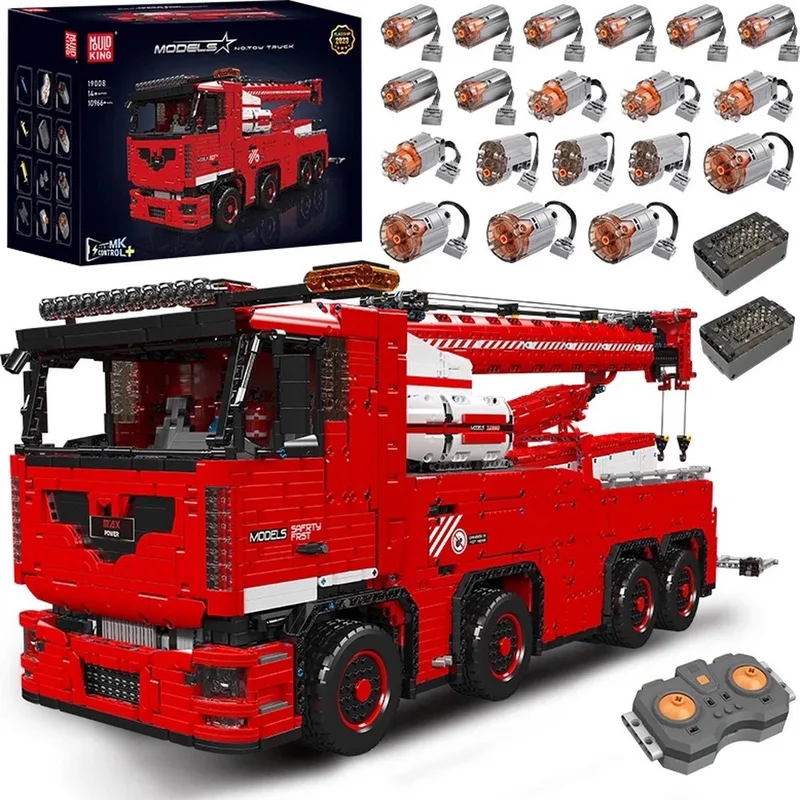 MouldKing 19008s (verbeterde versie) De High-Tech - past op bekende merken - met 10966+ onderdelen App Gemotoriseerde Sleepkraan Truck Mkii Set The verbeterde uitvoering de nieuwste. fra Mould King i Rood – produktbillede