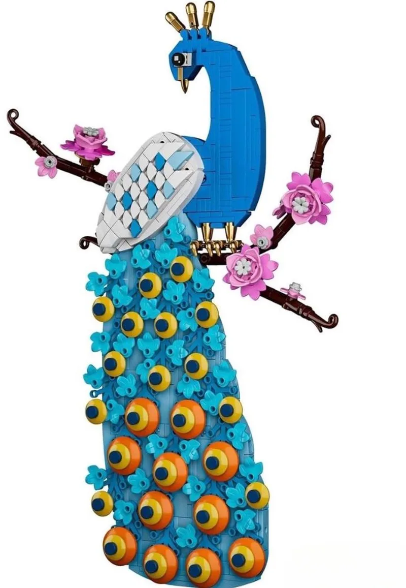 Pauw met bloemen Wall Art bouwset | Botanical flowers collection | Classic Creator STEM speelgoed bloemenpracht modelbouw | Educatief Icons kunst bloemenboeket bouwpakketten voor volwassenen & kinderen | Geschikt voor Lego | 690 bouwstenen by Mould King in Colourfull Peacock, 690 bouwblokken – product photo