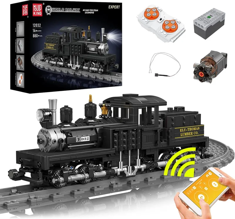 Technic city stoomtrein elecktrisch | Trein met treinrails icons modelbouw | Creator classic treinen bouwpakket met lego of mega bloks | Technische speelgoed ideas expert volwassenen & kinderen | 880 bouwstenen de Mould King en City : Shay-type locomotief, 880 bouwblokken – photo du produit