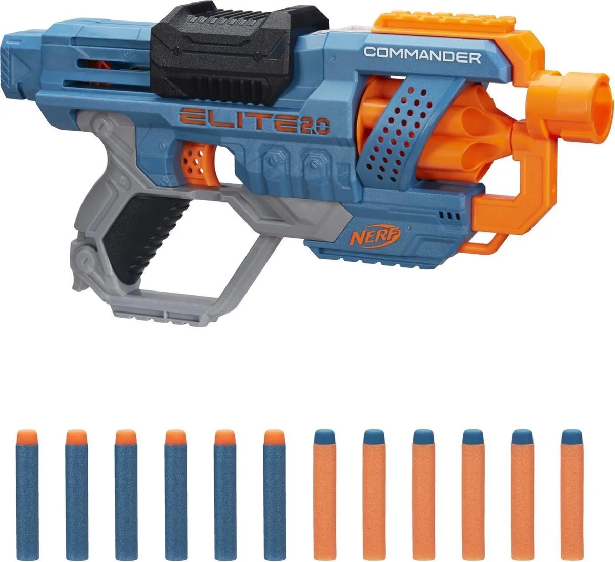 Elite 2.0 Commander RD-6-dartblaster, draaiende trommel, 12 Nerf Elite-darts, buitenspeelgoed van Nerf in Blauw, Oranje – productfoto