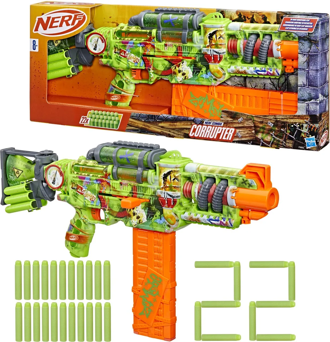 Zombie Corrupter-dartblaster, 22 Nerf Elite-darts, buitenspellen, leeftijd 8+ van Nerf in Meerkleurig – productfoto