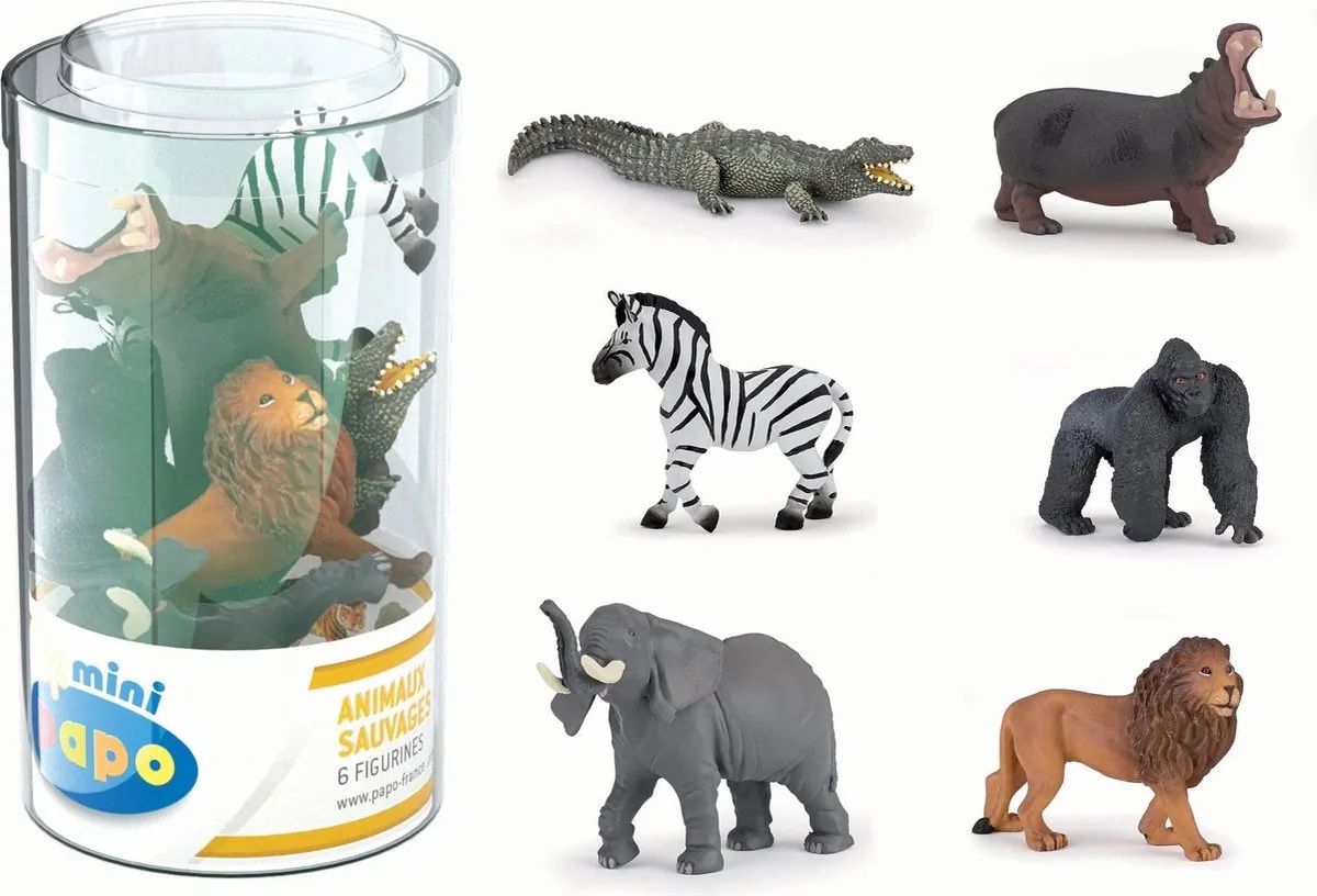 Wilde Dieren Set – 6 Speelfiguren – Zebra, Krokodil, Olifant, Leeuw, Nijlpaard & Gorilla – Wild Life Mini Plus Set 33020 - 7x4x3 cm - Vanaf 3 Jaar - Handgeschilderd de Papo en Marron – photo du produit