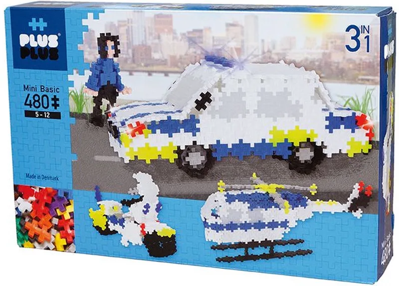 Mini Politie Set - 3-in-1 - 480 stuks - Auto - Helicopter - Motor von Plus-Plus in Blauw – Produktfoto