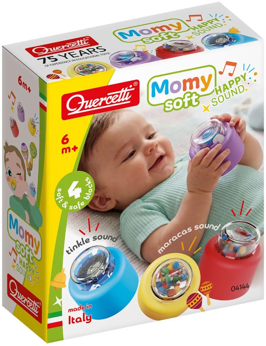 zachte bouwblokken baby speelgoed met geluid 4-delig sensorisch. by Quercetti in Yellow, Blue, Purple, Red – product photo