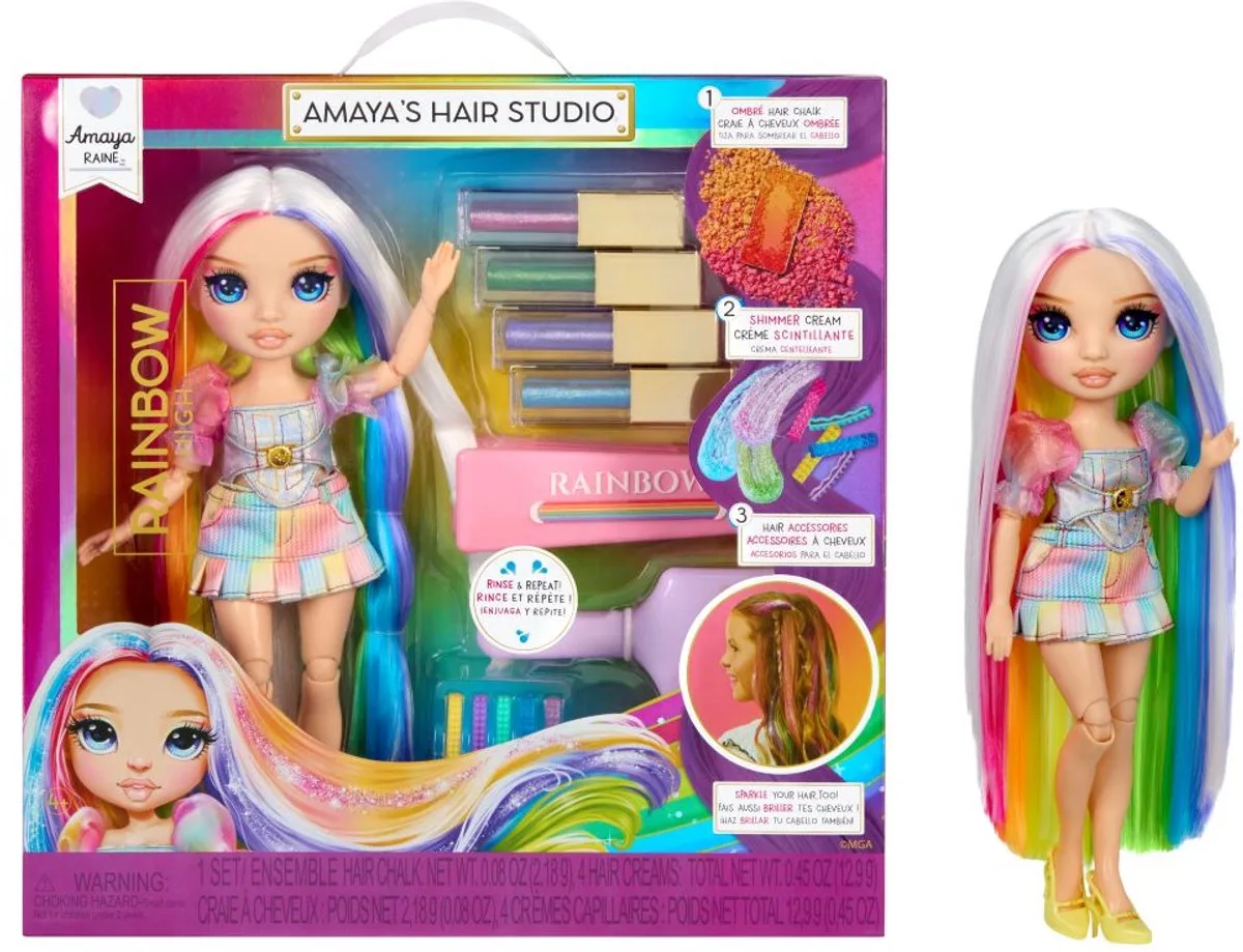 Amaya's Haarstudio - Creëer glanzende, glinsterende kapsels met een exclusieve pop met extralang haar, uitwasbare haarkleur en poppenkleding en -accessoires - Superleuke speelset voor kids van 4+ van Rainbow High in Meerkleurig – productfoto