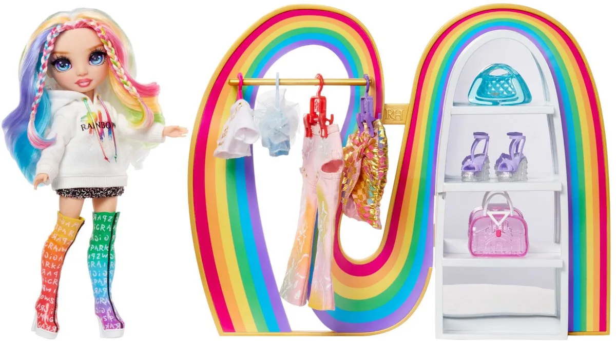 Amaya’s Rainbow-kast-speelset + exclusieve regenboogpop, extra mode, schoenen, tasjes, kledinghangers, kledingrek, planken. Cadeau voor kinderen van 4+ jaar van Rainbow High in Meerkleurig – productfoto