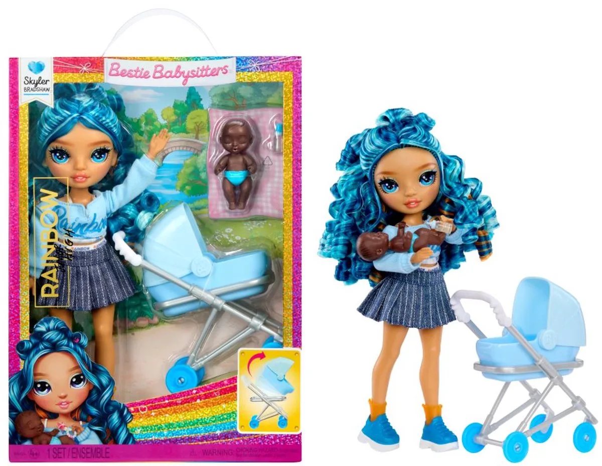 Junior High Jr. High Bestie Babysitters – (blauw) - Modepop 23 cm met baby, fles en kinderwagen - Vanaf 4 jaar by Rainbow High in Skyler Bradshaw – product photo