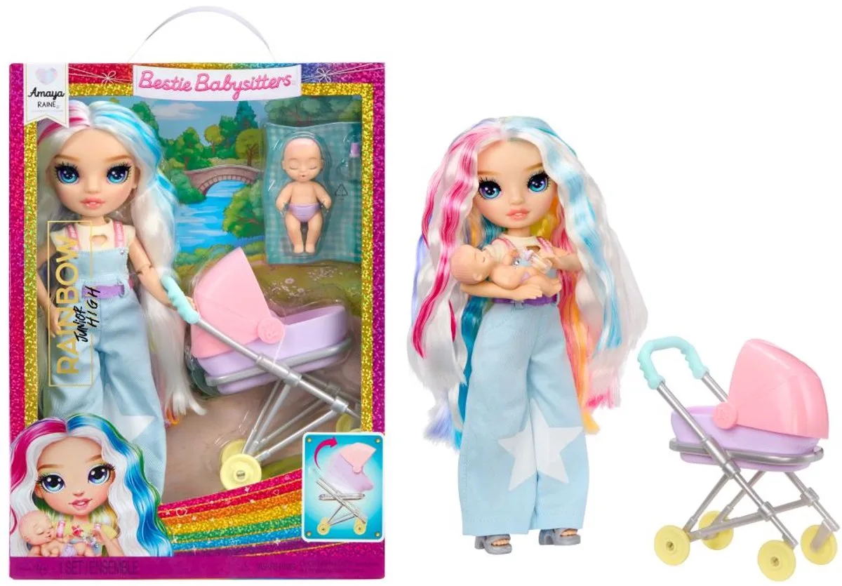 Junior High Jr. High Bestie Babysitters – (regenboog) - Modepop 23 cm met baby, fles en kinderwagen - Vanaf 4 jaar fra Rainbow High i Amaya Raine – produktbillede