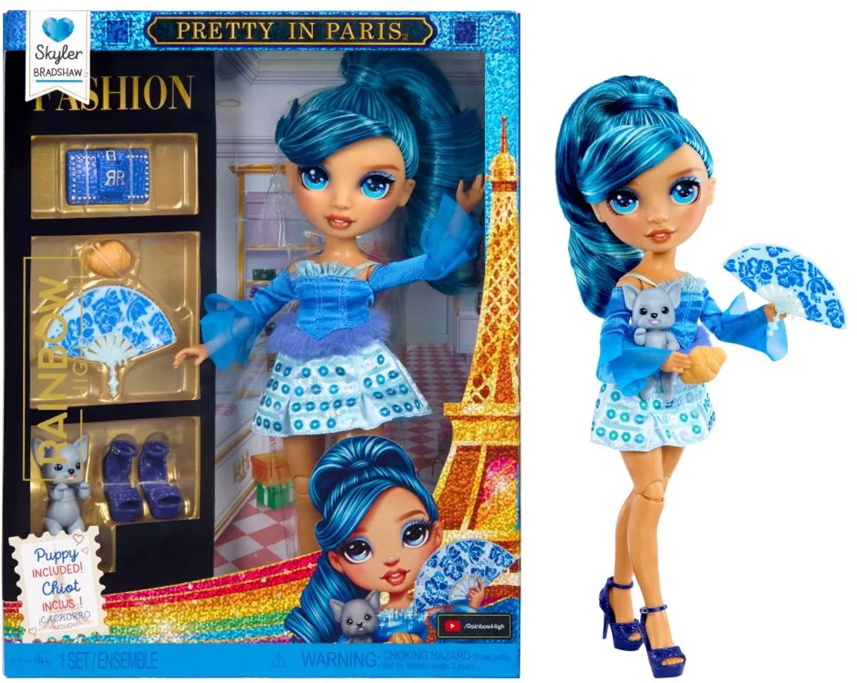 Pretty in Paris-modepop (blauw) van 28 cm met statementoutfit, stijlvolle handtas, speelgoed of cadeau voor meisjes, kinderen van 4-12 jaar de Rainbow High en Skyler Bradshaw – photo du produit