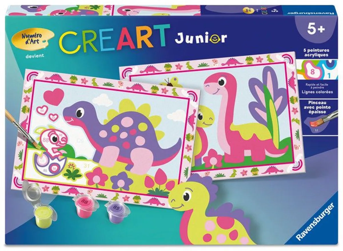 CreArt Junior – Kunstnummer – Kleurrijke dinosaurussen – Schilder volgens nummers Set – Vanaf 5 jaar oud tot 12023213 by Ravensburger in Multicolour – product photo