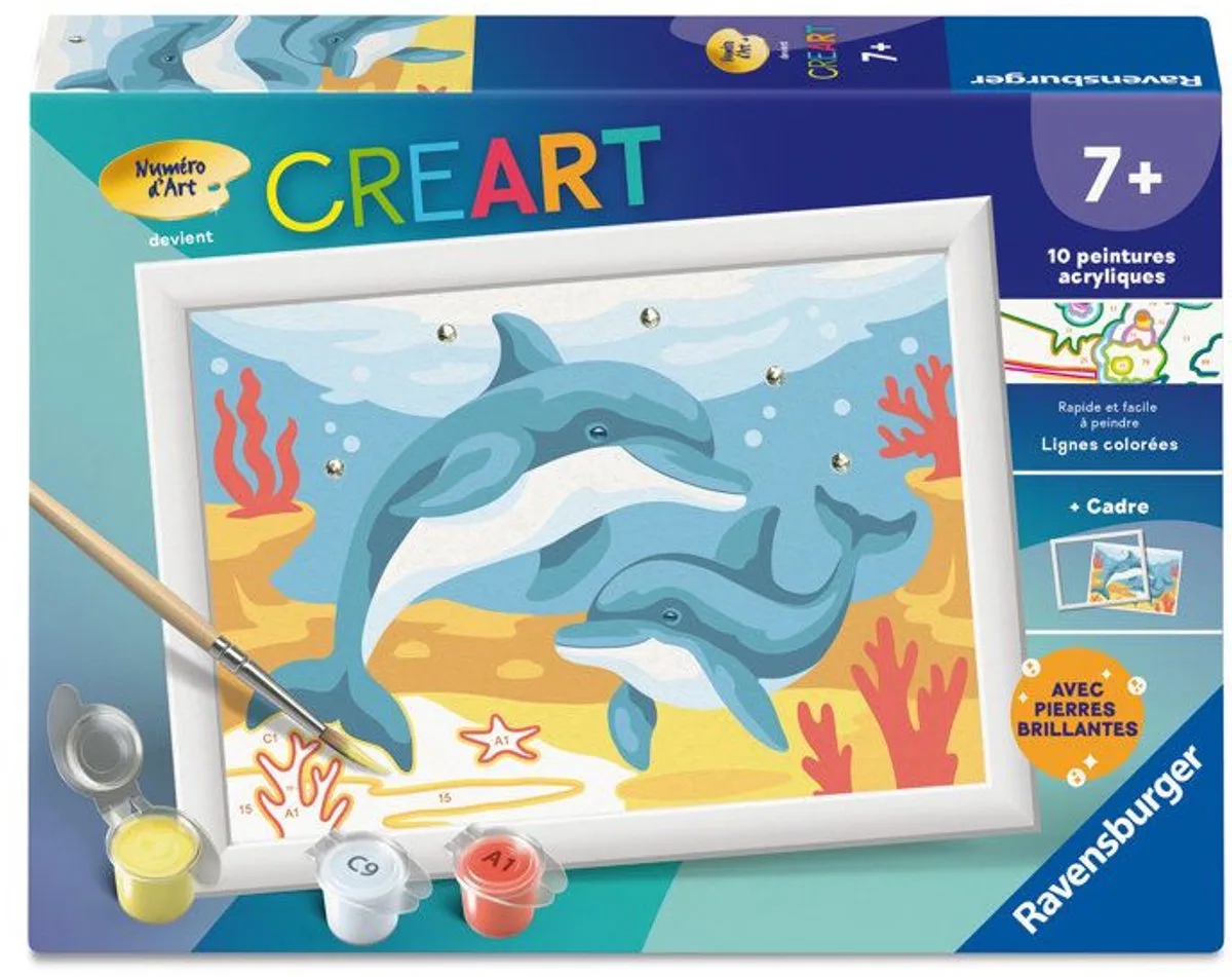 CreArt Kids 13x18cm – Schilderen op nummer – Dolfijnen en koraal – Schilderen op nummer set – Leeftijd 7+ – 12023220 van Ravensburger in Meerkleurig – productfoto