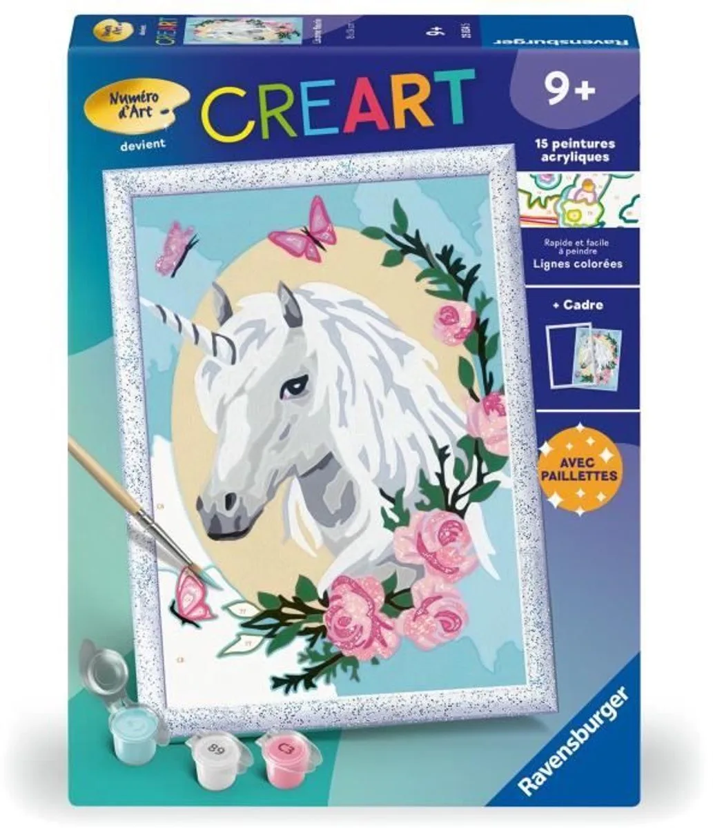 CreArt Kids 18x24cm Bloemen Eenhoorn, vanaf 9 jaar, Schilderen op Nummer Kit, Nummerkunst, 25834, Ravensburger van Ravensburger in Meerkleurig – productfoto