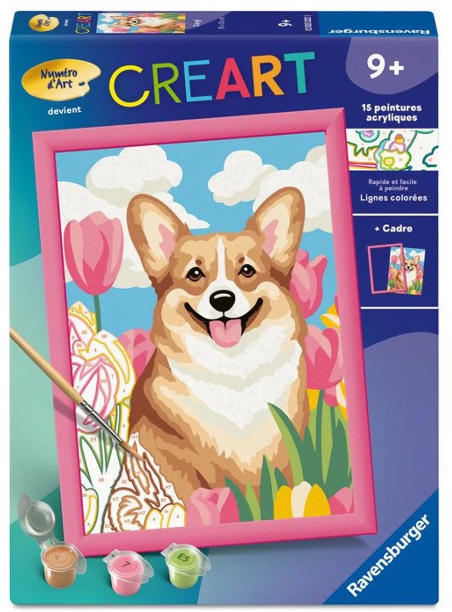 CreArt Kids 18x24cm – Schilderen op nummer – Corgi – Schilderen op nummer set – Leeftijd 9+ – 12023222 de Ravensburger en Bleu – photo du produit