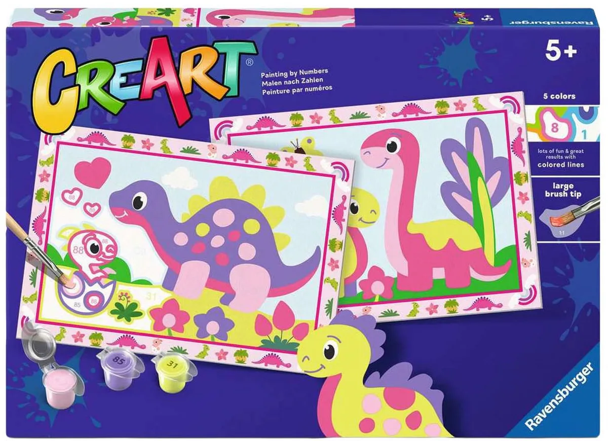 CreArt: Kleurrijke Dino's – Schilderen op Nummer van Ravensburger in Meerkleurig – productfoto