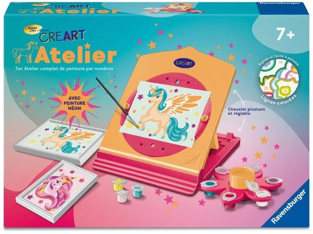 CreArt Neon – Paint-by-numbers – Eenhoorn – 2 doeken de Ravensburger en Neonroze – photo du produit
