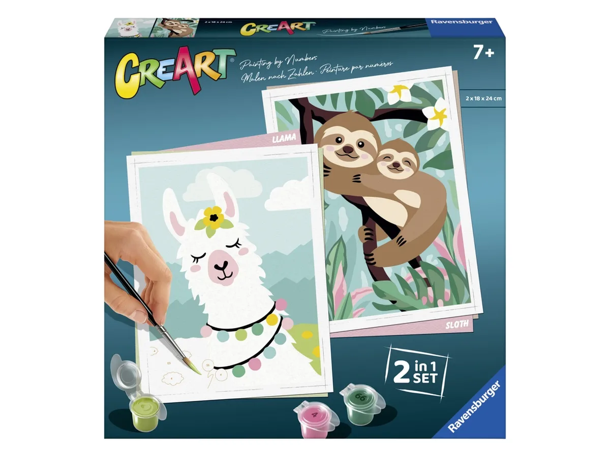 Malset Schilderen op nummer (Lama en luiaard) van Ravensburger – productfoto