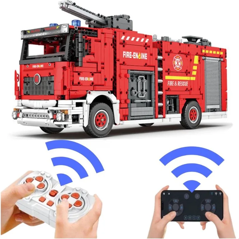 Reobrix 22008 Brandweer wagen met waterkanon bouwset | RC auto constructie modelbouw | Educatief speelgoed bouwpakketten voor kinderen & volwassenen | Met radiografisch bestuurbare remote | Accu niet geschikt voor Lego technic | 2888 bouwstenen by Reobrix in City – RC Brandweer – product photo