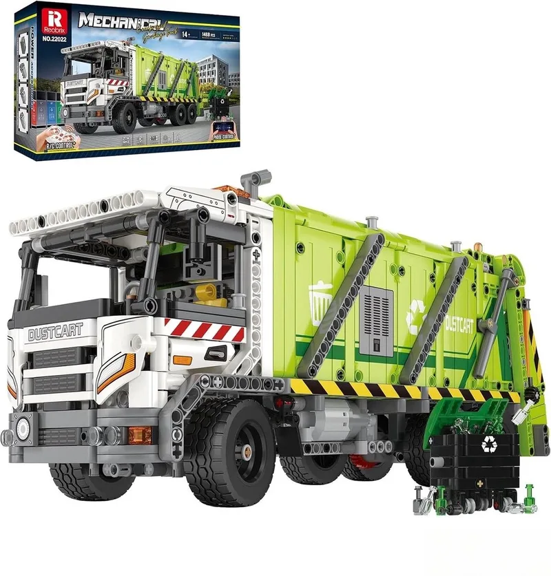 Reobrix - 22022 Vuilniswagen RC auto bouwset | Motorfiets constructie modelbouw | Educatief STEM speelgoed bouwpakketten voor kinderen & volwassenen | Incl. Electro motor & radiografisch bestuurbare remote | Blok formaat 4.9mm | 1355 bouwstenen by Reobrix in City – RC Vuilniswagen – product photo