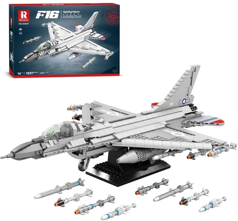 Reobrix 33027 F16 Millennium Star Fighter straaljager bouwset | Classic World Wars Army vliegtuig modelbouw | Educatief leger speelgoed bouwpakketten voor kinderen & volwassenen | DIY Creator Falcon geschikt voor Lego | Bouwdoos met 1427 bouwstenen by Reobrix in Army – Vliegtuig F-16 – product photo