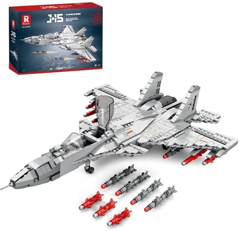 Reobrix 33028 J15 Fighter Straaljager bouwset | Classic WW2 Army vliegtuig constructie modelbouw | Educatief militair & leger speelgoed bouwpakketten voor kinderen & volwassenen | DIY creator set geschikt voor Lego | Bouwdoos met 1066 bouwstenen by Reobrix in Army – Vliegtuig J-15 – product photo