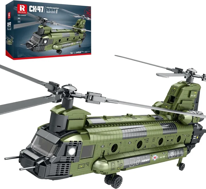 Reobrix 33031 CH-47 Chinook Leger transport helikopter bouwset | WW2 Army vliegtuig constructie modelbouw | Educatief city militair speelgoed bouwpakketten voor kinderen & volwassenen | Geschikt voor Lego technic | Bouwdoos met 1451 bouwstenen by Reobrix in Army – CH47 Helikopter – product photo