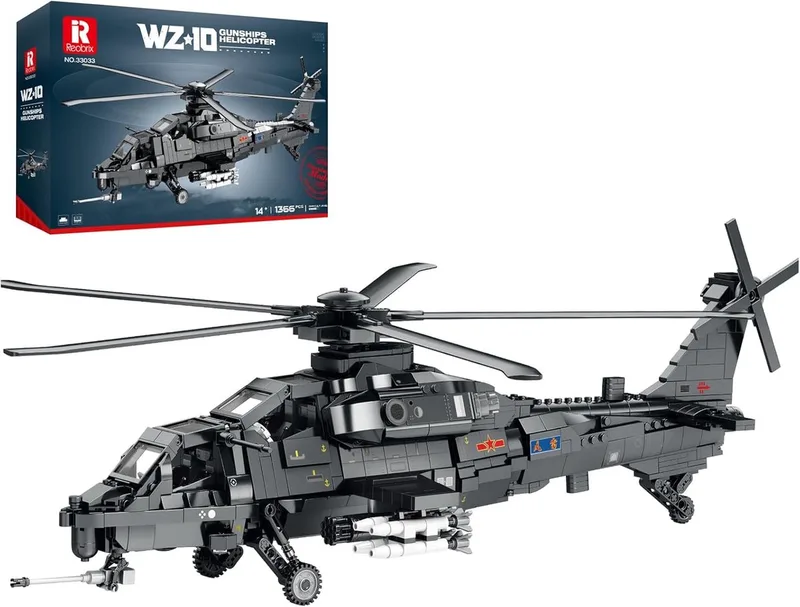 Reobrix - 33033 WZ10 Gevechtshelikopter bouwset | WW2 Army vliegtuig constructie modelbouw | Educatief militair & leger speelgoed bouwpakketten voor kinderen & volwassenen | Blok formaat 4.9mm | 1169 bouwstenen by Reobrix in Army – Helikopter WZ10 – product photo