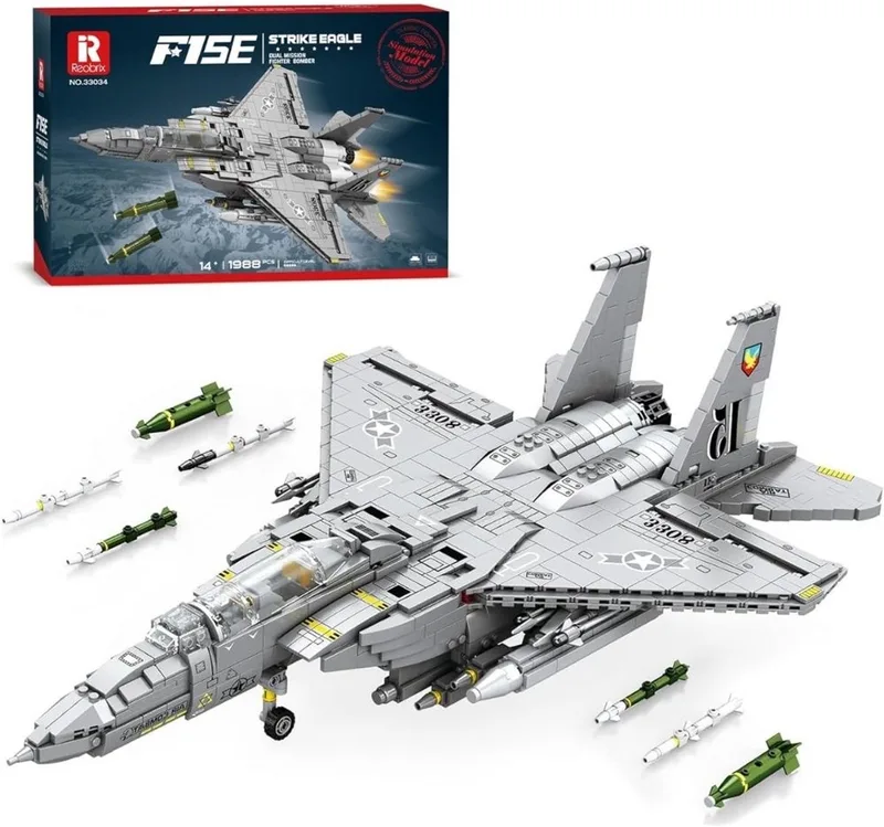 Reobrix 33034 F15 Strike Eagle Straaljager bouwset | Classic WW2 Army vliegtuig constructie modelbouw | Educatief militair & leger speelgoed bouwpakketten voor kinderen & volwassenen | DIY creator set geschikt voor Lego | Bouwdoos met 2216 bouwstenen by Reobrix in Army – Vliegtuig F-15,. – product photo