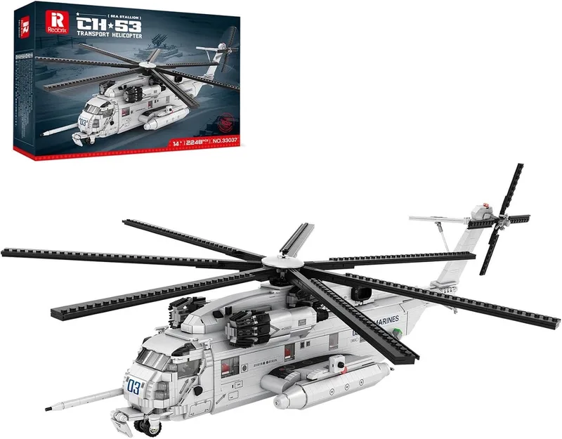 Reobrix - 33037 CH-53 Gevechtshelikopter bouwset | WW2 Army vliegtuig constructie modelbouw | Educatief militair & leger speelgoed bouwpakketten voor kinderen & volwassenen | Blok formaat 4.9mm | 2193 bouwstenen by Reobrix in Army – Helikopter CH53 – product photo