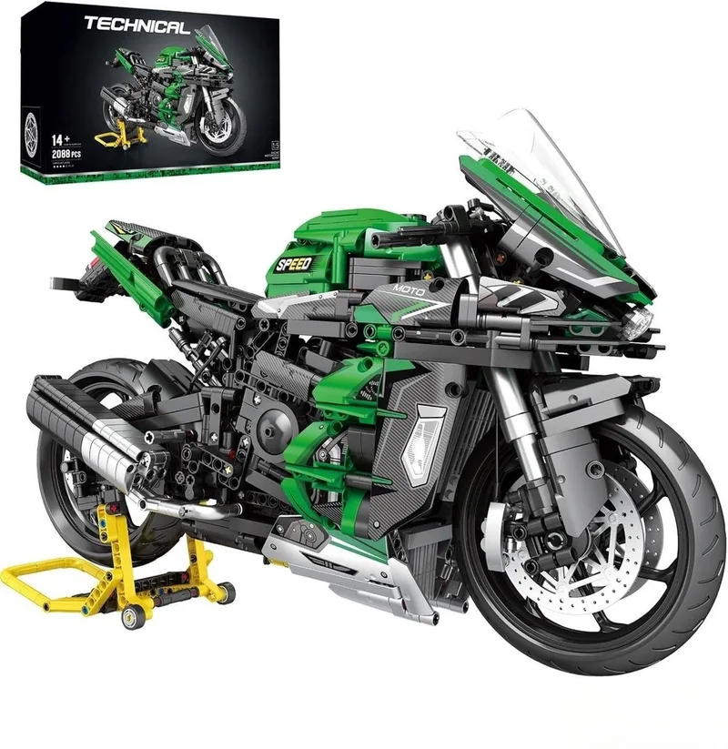 Reobrix 570 H2 SX SE 1:5 XL High Speed Motorcycle bouwset | Classic motorfiets modelbouw | Educatief creator constructie speelgoed bouwpakketten voor kinderen & volwassenen | Racer champion set geschikt voor Lego | Bouwdoos met 2088 bouwstenen by Reobrix in City – Motorfiets Kawasaki Ninja Groen – product photo
