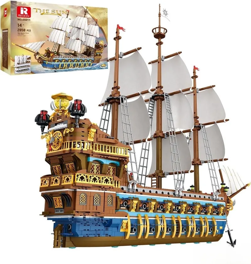 Reobrix 66011 Royal Fleet Mega XL Ship of the Pirates bouwset | Black Pearl destroyer | Caribbean Adventure Modelbouw | Creator piratenschip speelgoed boot bouwpakketten voor volwassenen | DIY piraten boot geschikt voor Lego | Bouwdoos 2831 bloks by Reobrix in Boten – The Sun XL – product photo